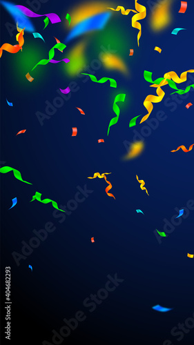 Streamers and confetti. Festive streamers tinsel and foil ribbons. Confetti gradient on dark blue background. Bizarre party overlay template. Beautiful celebration concept.