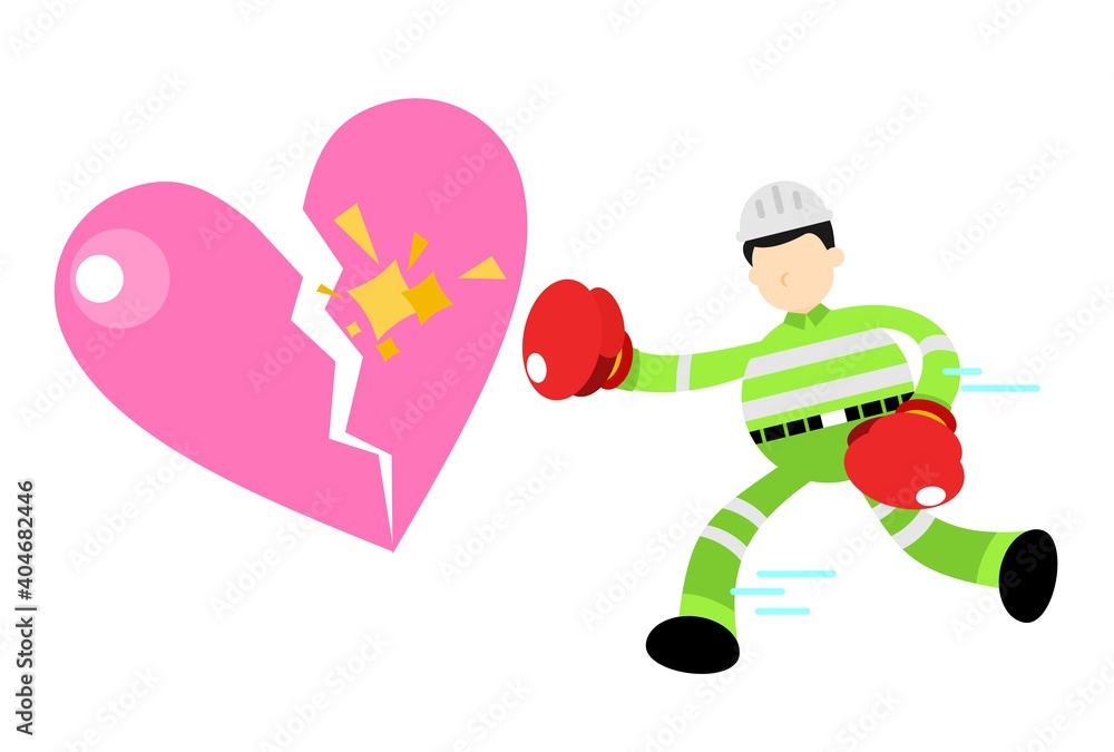 worker engineer man worker stress heart break love cartoon doodle flat design style vector illustration
