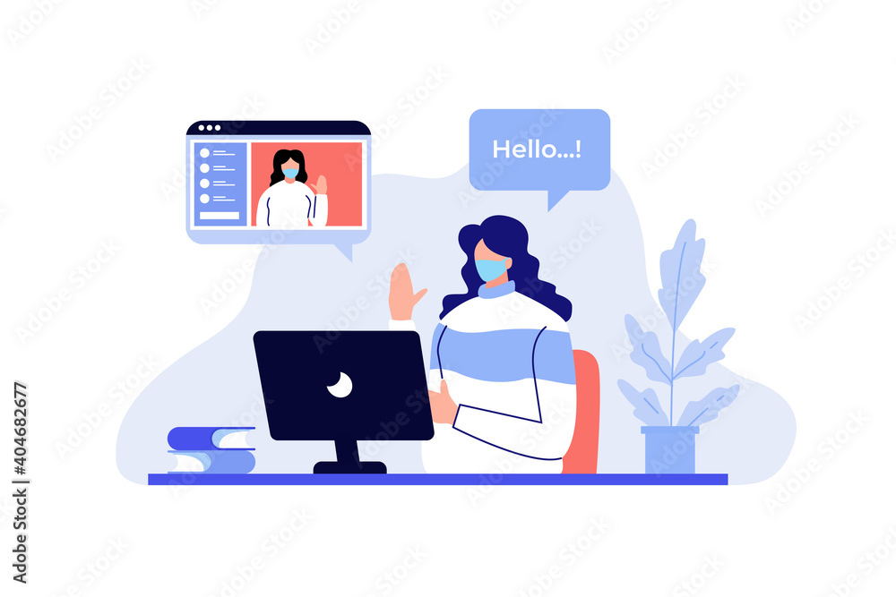 People in video conferences with computer. New normal concept, Social distancing and self-isolation during coronavirus quarantine vector illustration