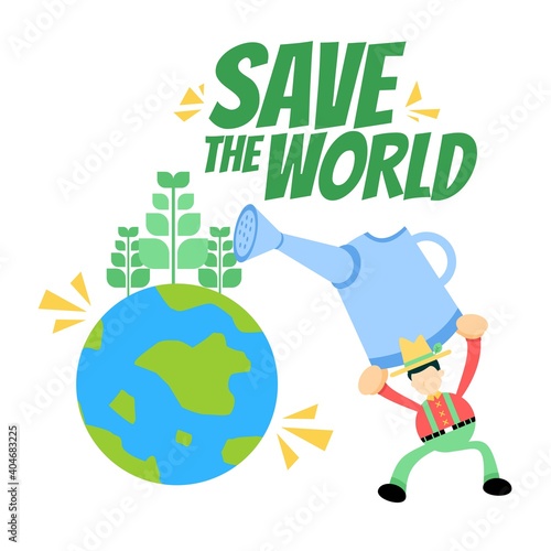 farmer save the world with tree plant cartoon doodle flat design style vector illustration