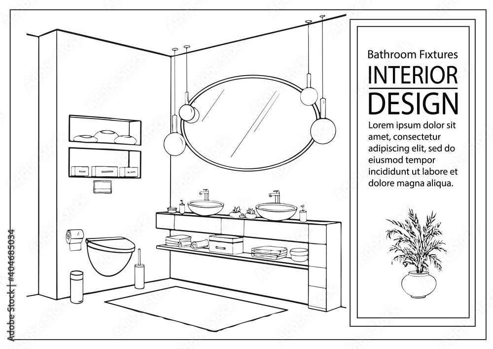 Fototapeta premium Drawing of bathroom interior. Sketch of hotel interior design. Bathroom plumbing. Vector illustration.