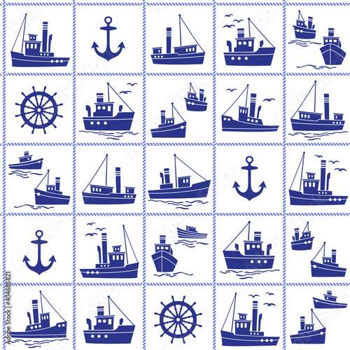 Seamless pattern of ships working in the harbor,