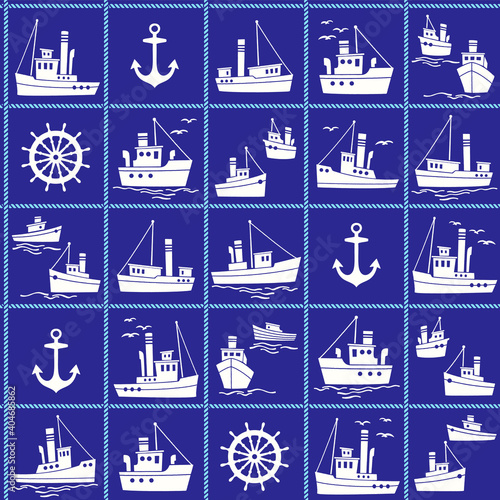 Seamless pattern of ships working in the harbor,