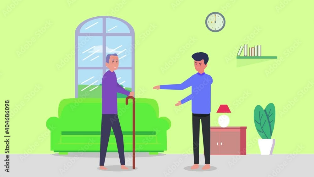 Young man scolding old man at home Young man scolding old man at home