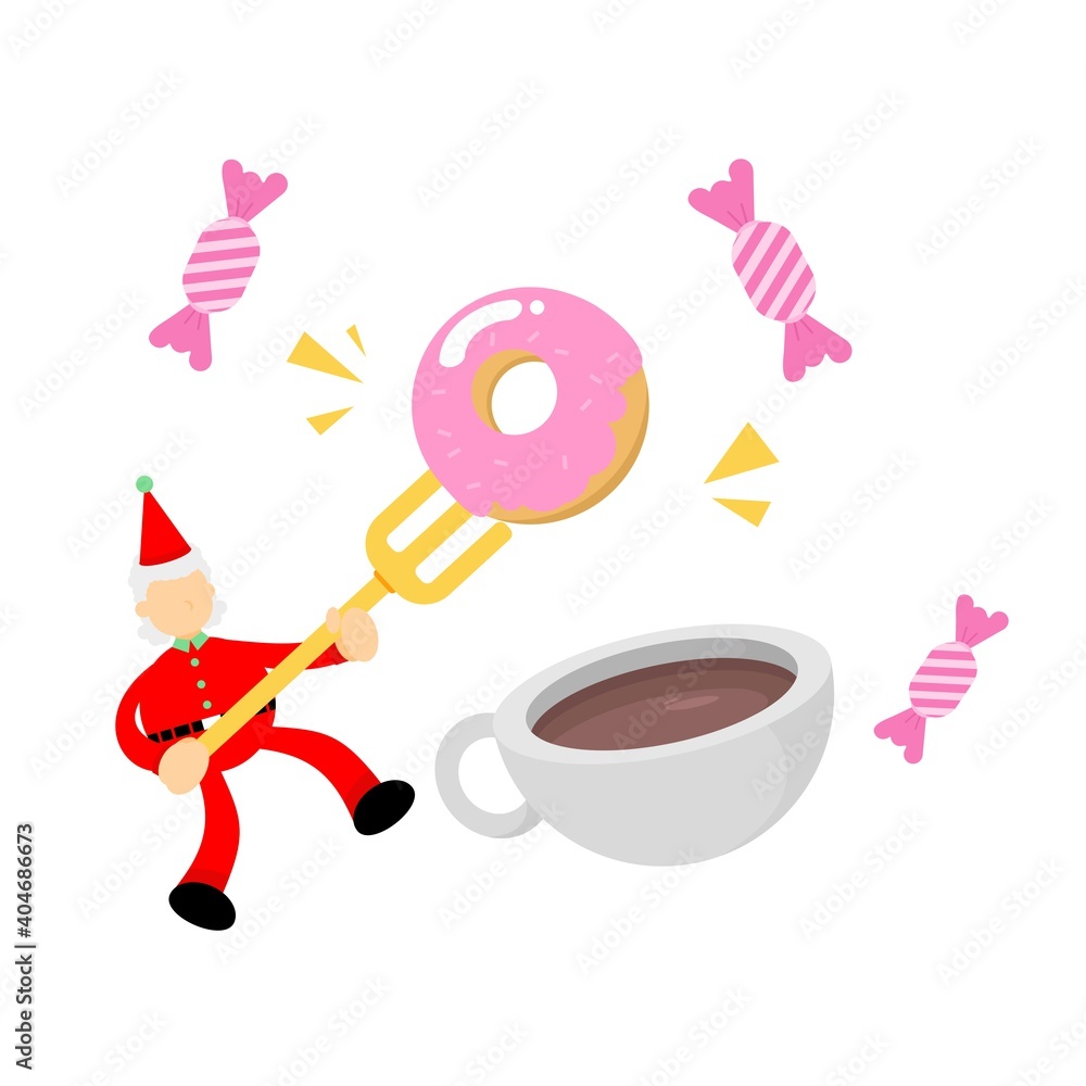 merry christmas santa claus and sweet doughnut drink coffee cup cartoon doodle flat design style vector illustration merry christmas santa claus and sweet doughnut drink coffee cup cartoon doodle flat design style vector illustration