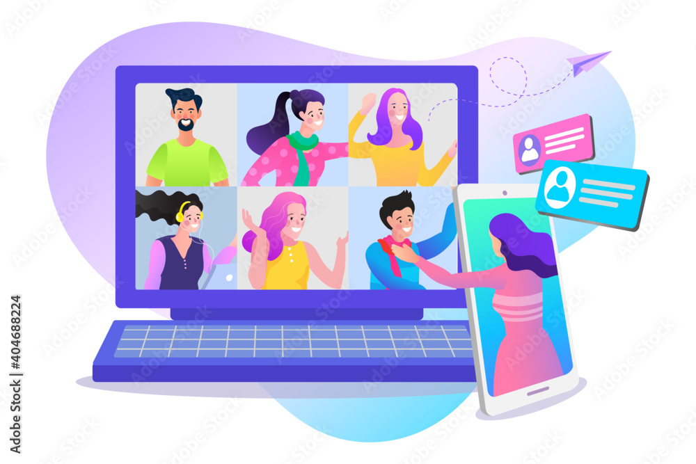 vector employee talk on video call on laptop with diverse colleagues. video conferencing at home woman having video call meeting with clients at home. vector employee talk on video call on laptop with diverse colleagues. video conferencing at home woman having video call meeting with clients at home.