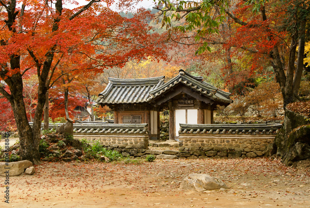 In Jogyesan Provincial Park, South Korea, Seonamsa's unadorned, weathered-wood temple exteriors exude a feeling of age and grace amid brilliant fall foliage.