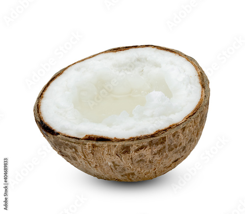 coconut tropical fruit cut in half isolated on white background