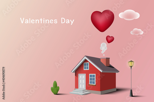 Valentines Day concept background. Red house with hearts smoke on pink background.
