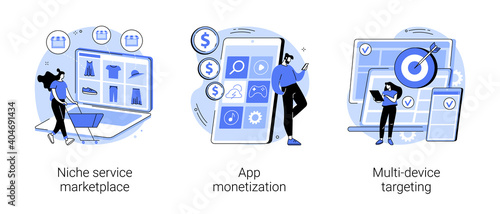 Online retail abstract concept vector illustration set. Niche service marketplace, app monetization, multi-device targeting, buy and sell products, startup launch, mobile user abstract metaphor.