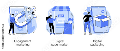 Mobile retail shopping abstract concept vector illustration set. Engagement marketing, digital supermarket and packaging, online commerce, smm strategy, online payment, AR labels abstract metaphor.