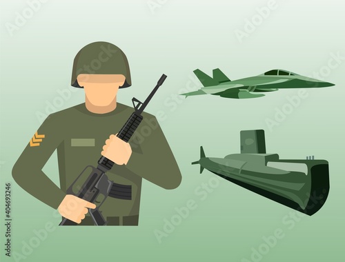 Vector of an army equipped with the weapon, a fighter, and a submarine