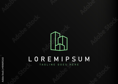 Building construction logo design. Vector illustration of abstract building construction in two point perspective. Modern logo design line icon template