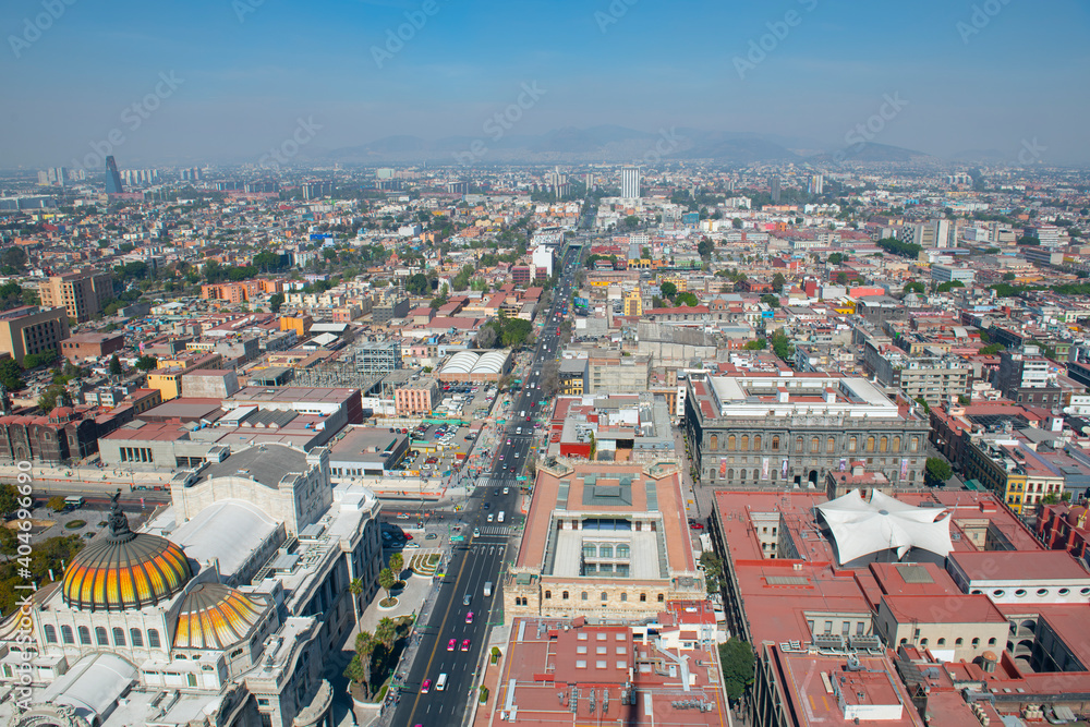 Historic center of Mexico City and Eje Central Lazaro Cardenas Avenue aerial view, from Torre Latinoamericana, Mexico City, Mexico. Historic center of Mexico City is a World Heritage Site.