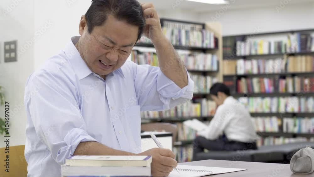 図書館で勉強する中年男性 悩む 図書館で勉強する中年男性 悩む