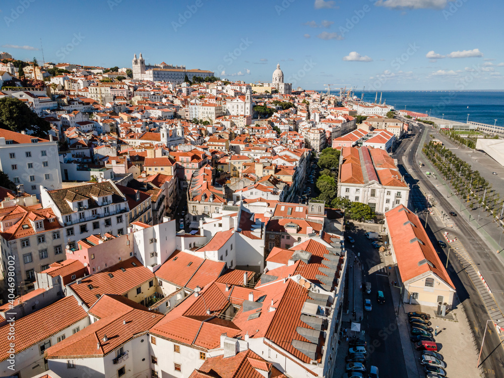 Aerial view of the red-roofed architecture of Lisbon, Portugal