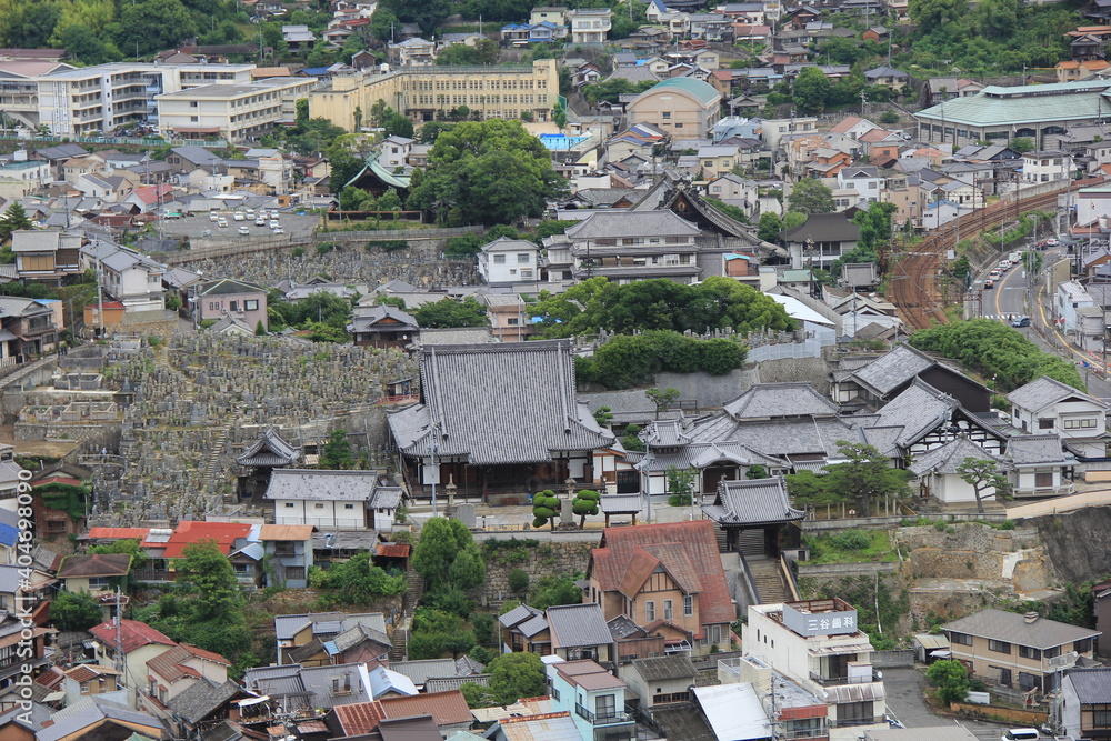 寺や学校や住宅が密集した地域の風景