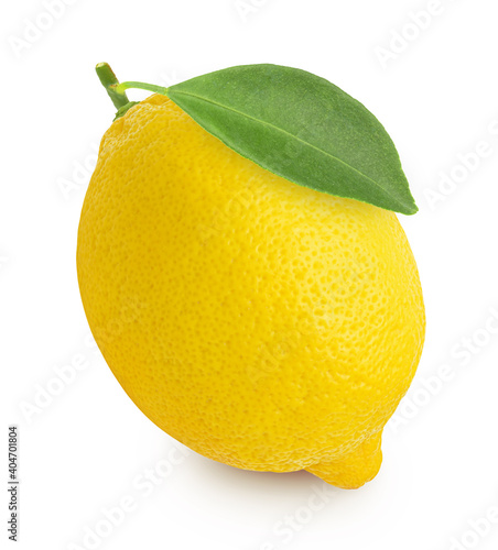Fresh lemon fruit with green leaf isolated on white background,Juicy lemon,single.