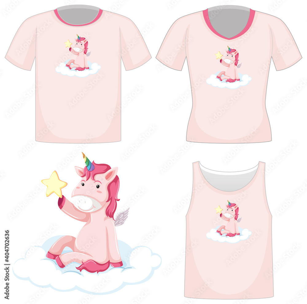 Cute pink unicorn logo on different white shirts isolated on white background Cute pink unicorn logo on different white shirts isolated on white background