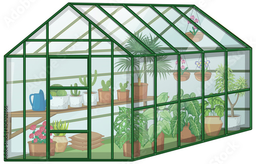 Many Plants in Greenhouse with glass wall on white background