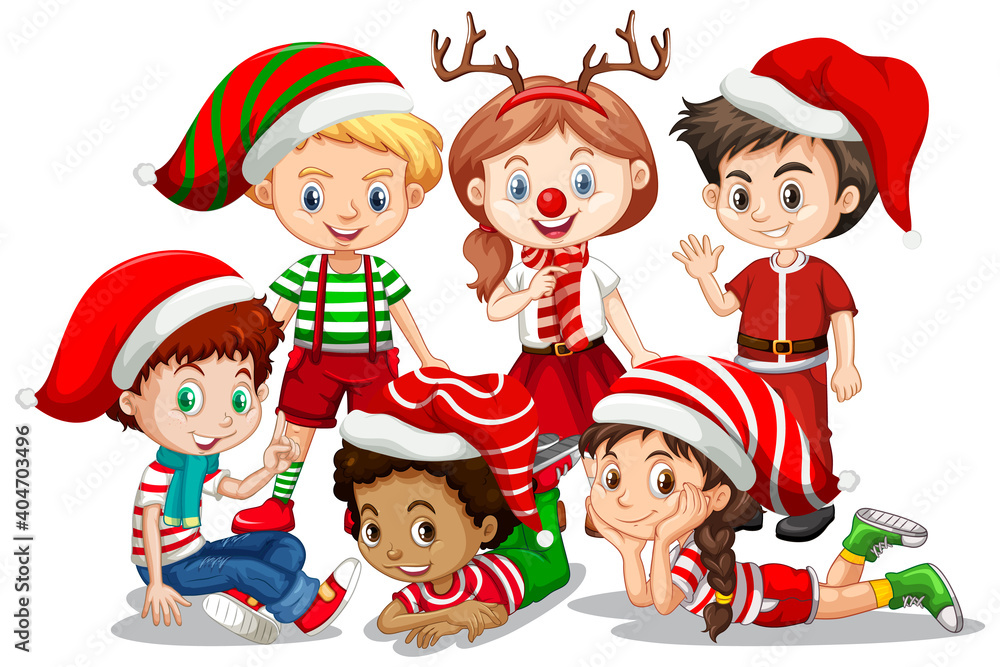 Children wear Christmas costume cartoon character on white background Children wear Christmas costume cartoon character on white background