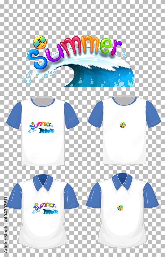 Summer font logo design for shirts with set of different shirts isolated on transparent background