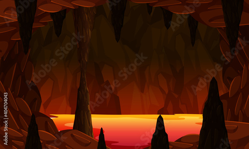 Infernal dark cave with lava scene