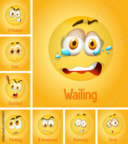 Set of different emotion yellow faces with tired text on yellow background