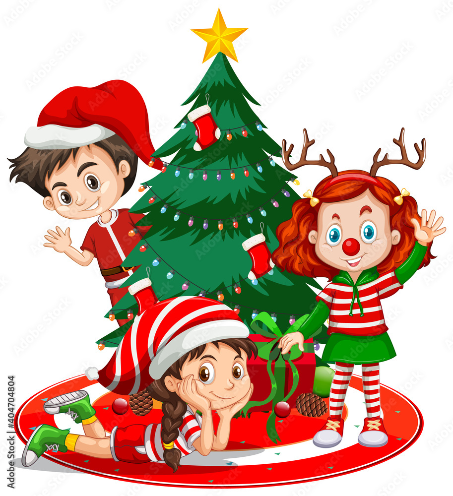 Children wear Christmas costume cartoon character with Christmas tree on white background