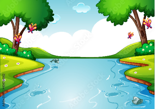 Blank river in forest nature scene background