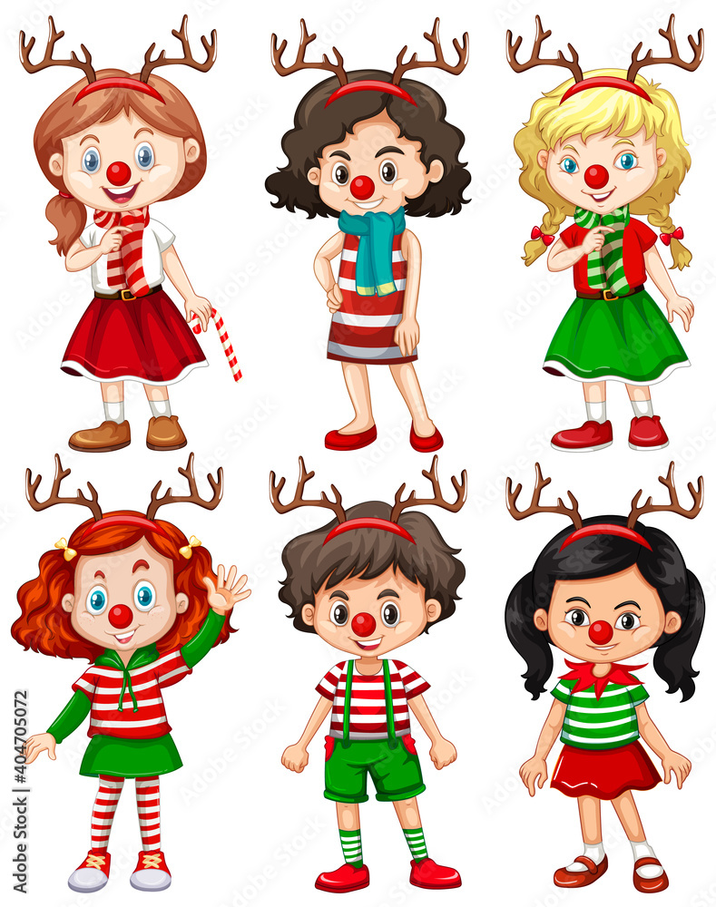 Set of different children wearing reindeer headband and red nose Christmas costume