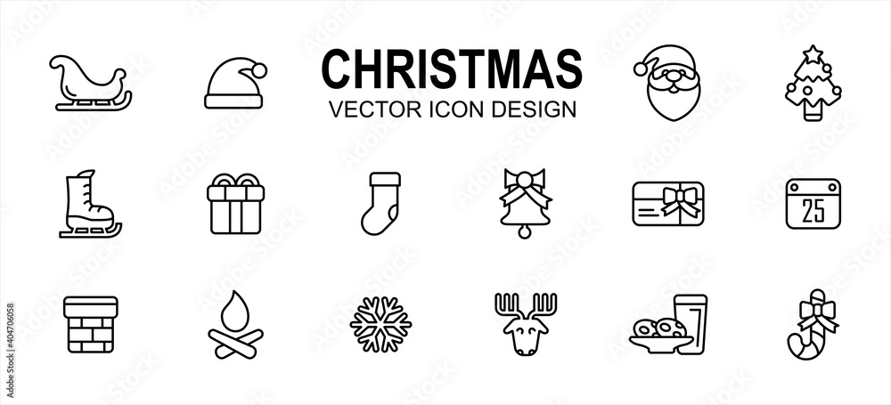 Simple Set of christmas shop Related lineal style Vector icon user interface graphic design. Contains such Icons as sled, santa hat, santa clause, ski shoes, gift box, sock, chimney, deer, snowflake Simple Set of christmas shop Related lineal style Vector icon user interface graphic design. Contains such Icons as sled, santa hat, santa clause, ski shoes, gift box, sock, chimney, deer, snowflake