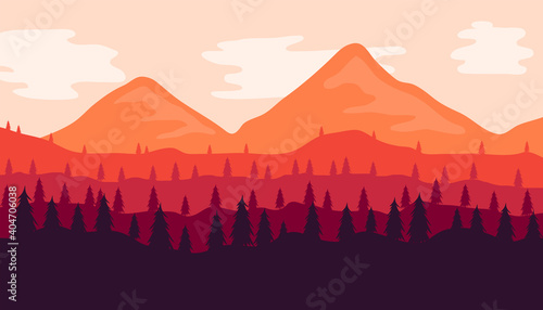 View of mountains and forest in the afternoon. Flat design vector