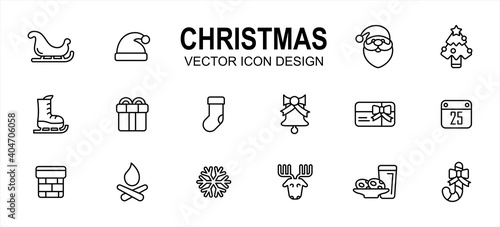 Simple Set of christmas shop Related lineal style Vector icon user interface graphic design. Contains such Icons as sled, santa hat, santa clause, ski shoes, gift box, sock, chimney, deer, snowflake