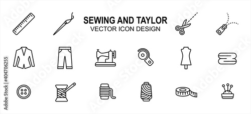 Simple Set of sewing and taylor Related lineal style Vector icon user interface graphic design. Contains such Icons as sewing machine, scissor, tuxedo, pant, disc cutter, dummy, button, measure tape photo