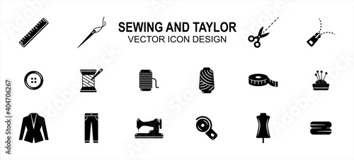 Simple Set of sewing and taylor Related style Vector icon user interface graphic design. Contains such Icons as sewing machine, scissor, tuxedo, pant, disc cutter, dummy, button, measure tape photo