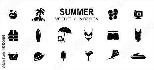 Simple Set of summer beach shop Related style Vector icon user interface graphic design. Contain such Icons as coconut drink, beach, slipper, sandal, bikini, swimsuit, surf board, picnic basket