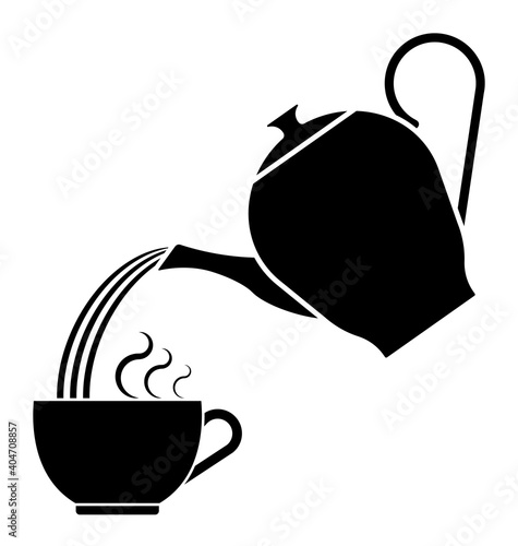 icon silhouette of teapot for tea drinking pours hot water into cup. Breakfast utensils. Black and white vector