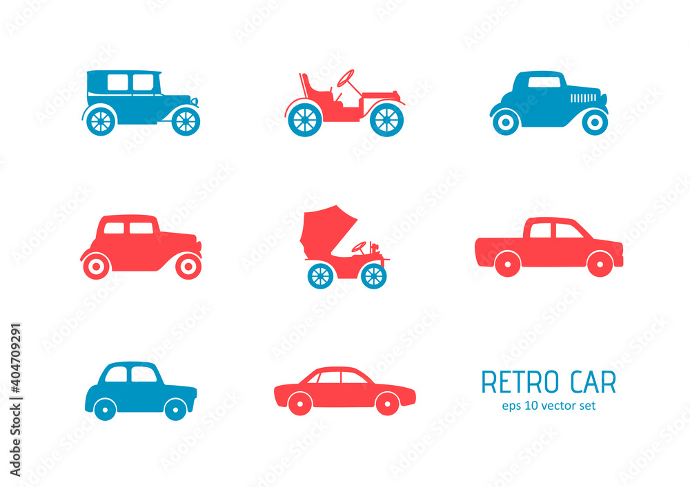 First cars - vector icons set.