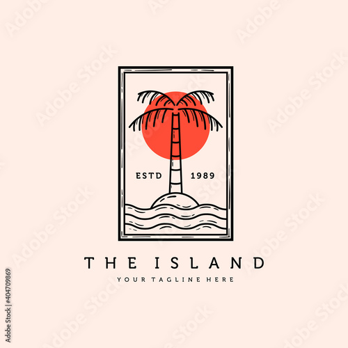 Palm or Coconut Line Art Logo Vector Illustration Design. Vintage Hand Drawn Palm Logo Badge Template Design. Sunset In The Island Logo Concept.