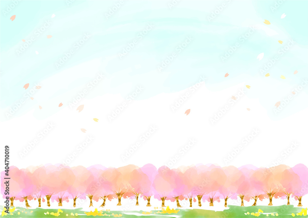 水彩画の桜並木と菜の花の背景イラスト素材 水彩画の桜並木と菜の花の背景イラスト素材