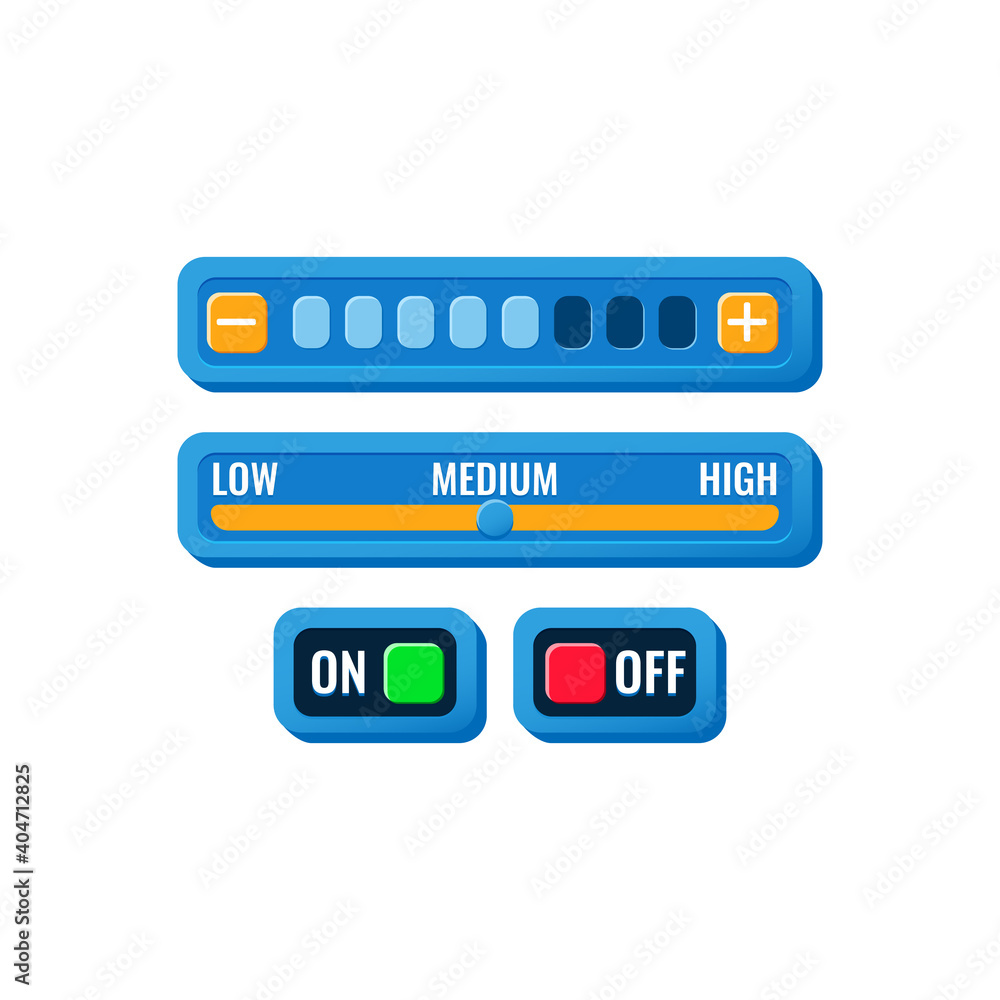 set of funny purple game ui control setting panel with on off button and progress menu for gui asset elements set of funny purple game ui control setting panel with on off button and progress menu for gui asset elements