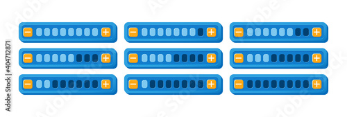 set of funny purple game ui progress bar panel with increase and decrease button for gui asset elements vector illustration
