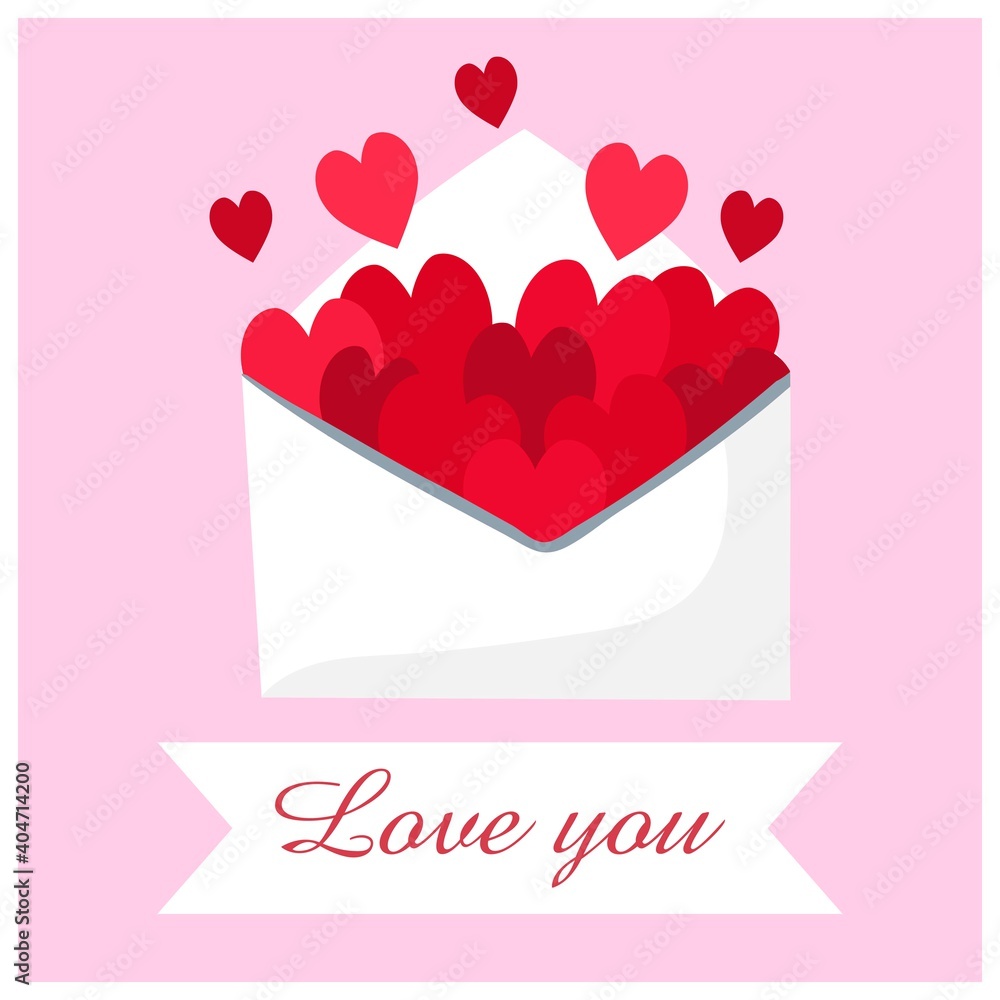 Open converd with hearts. The inscription I love you. Set of flat isolated vector illustrations.