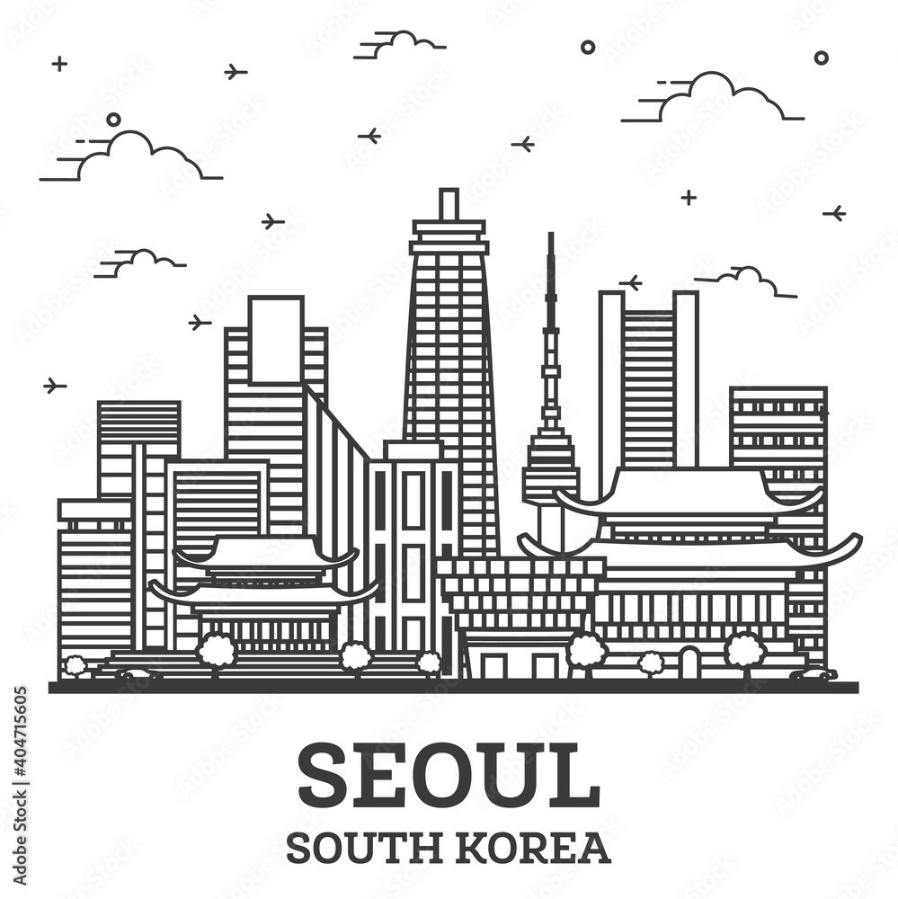 Samolepka Outline Seoul South Korea City Skyline with Modern Buildings Isolated on White