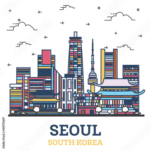 Outline Seoul South Korea City Skyline with Colored Modern Buildings Isolated on White.