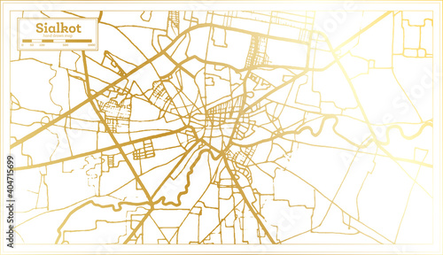 Sialkot Pakistan City Map in Retro Style in Golden Color. Outline Map.