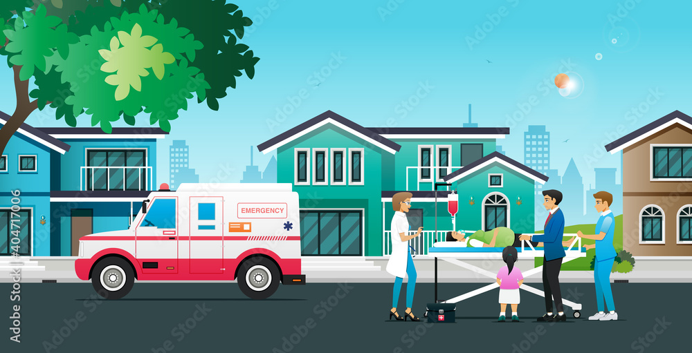 Ambulance picks up patients at home with doctors and nurses.
