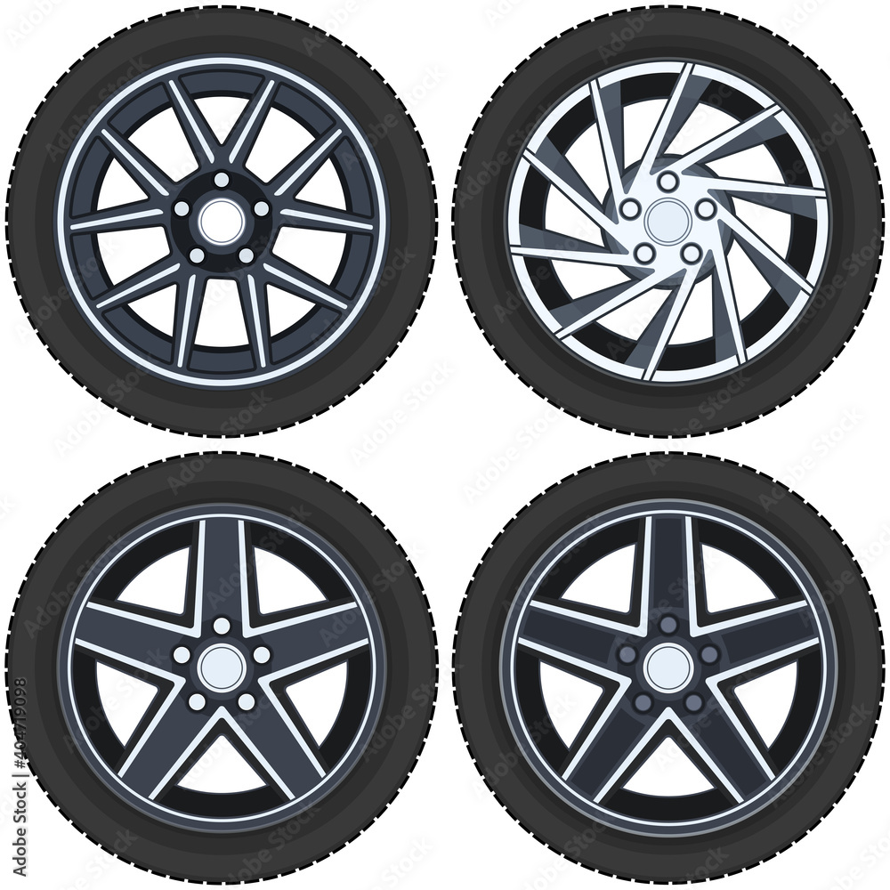 Car wheel, set. Realistic design. Vector illustration on a white background. Car wheel, set. Realistic design. Vector illustration on a white background.