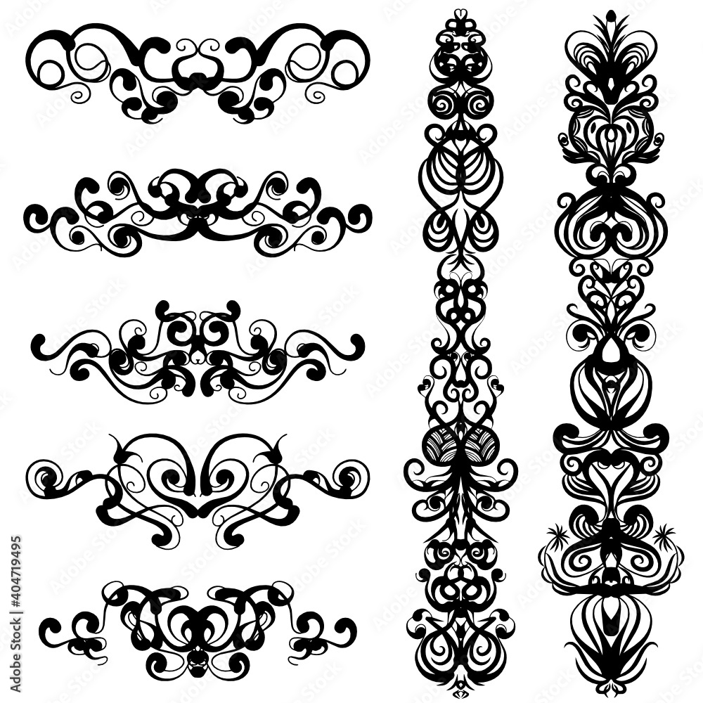 set of borders and swirl dividers decorative elements isolated on white for design set of borders and swirl dividers decorative elements isolated on white for design